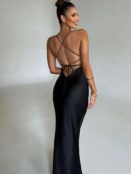 Lace Up Satin Maxi Dress