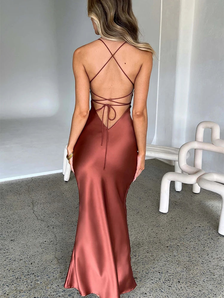 Lace Up Satin Maxi Dress