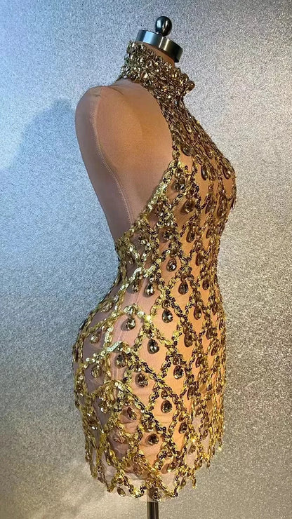 Gold Rhinestone Mini Dress