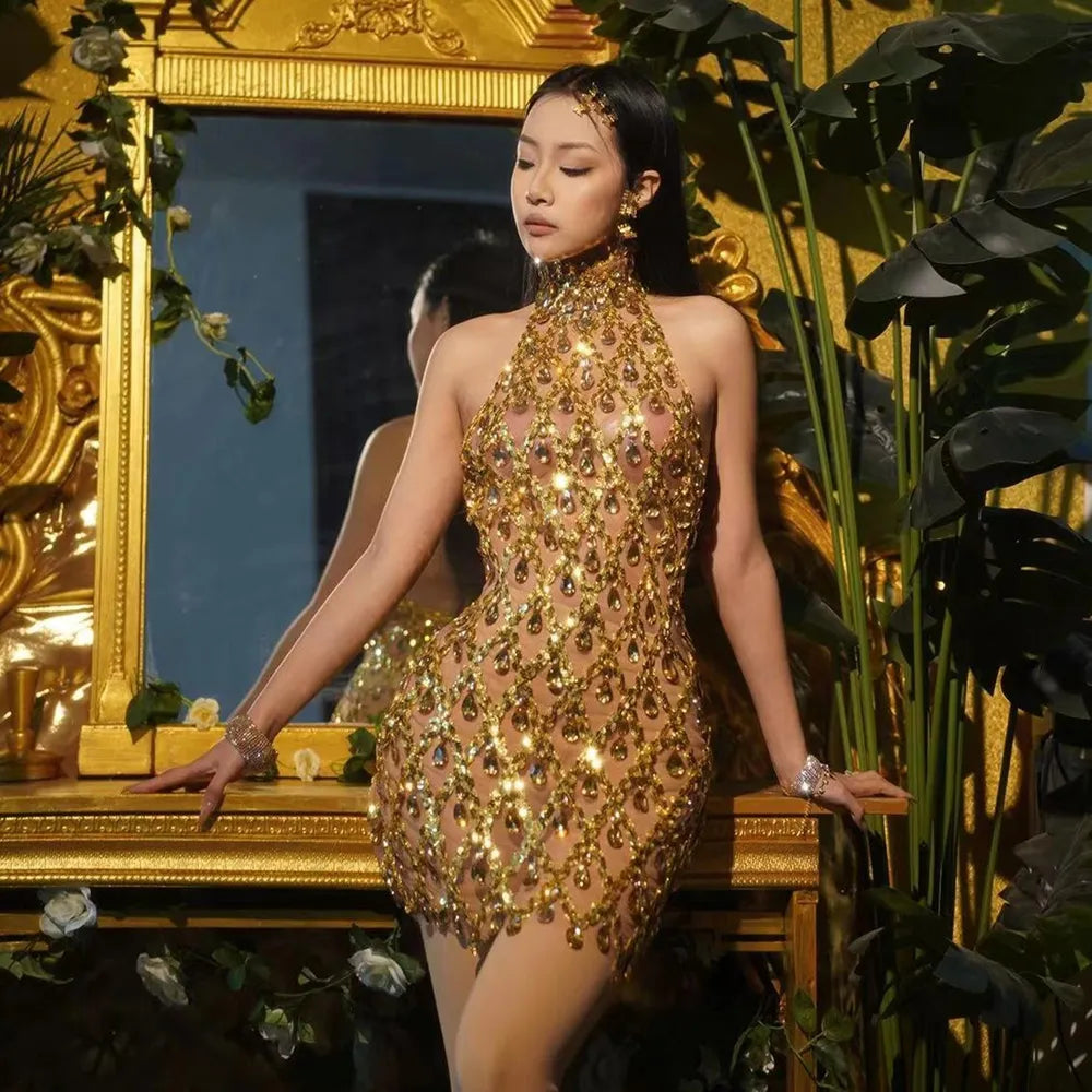 Gold Rhinestone Mini Dress