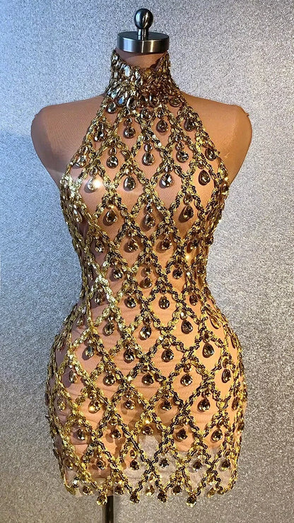 Gold Rhinestone Mini Dress