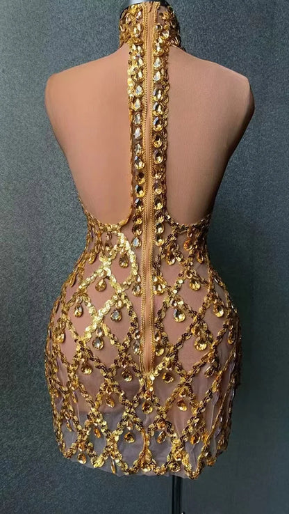 Gold Rhinestone Mini Dress